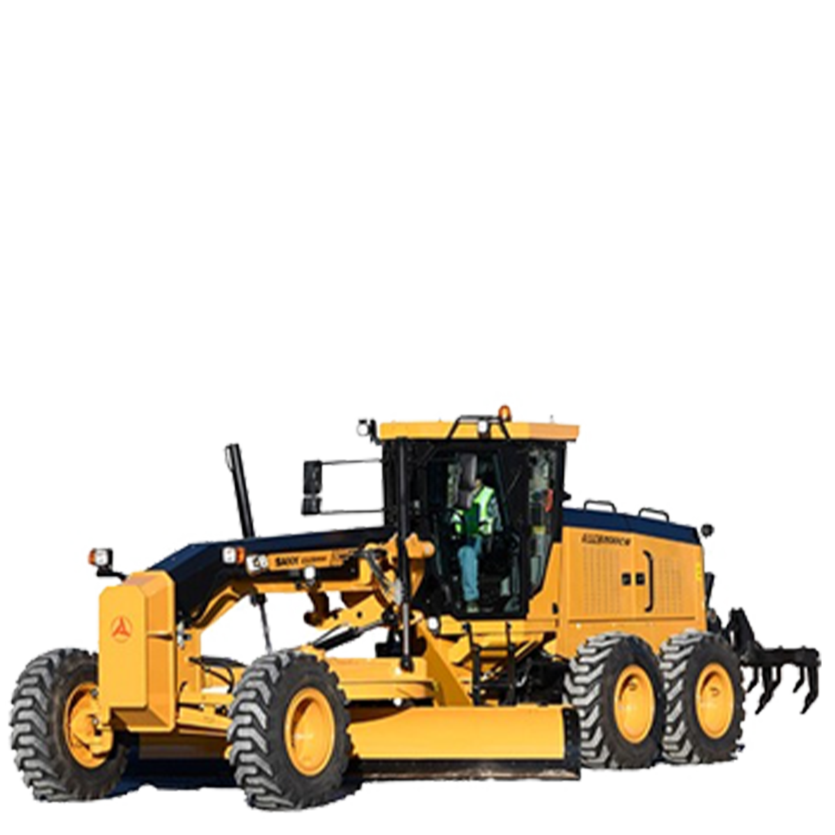 Yellow motor grader on a worksite, with an operator inside the cab.