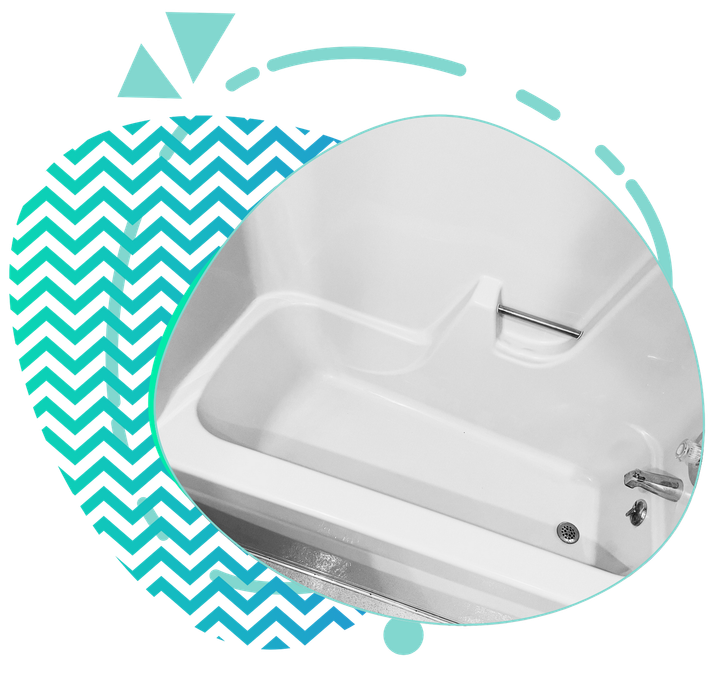 White walk-in bathtub with a seat, shown within a decorative blue and green background.