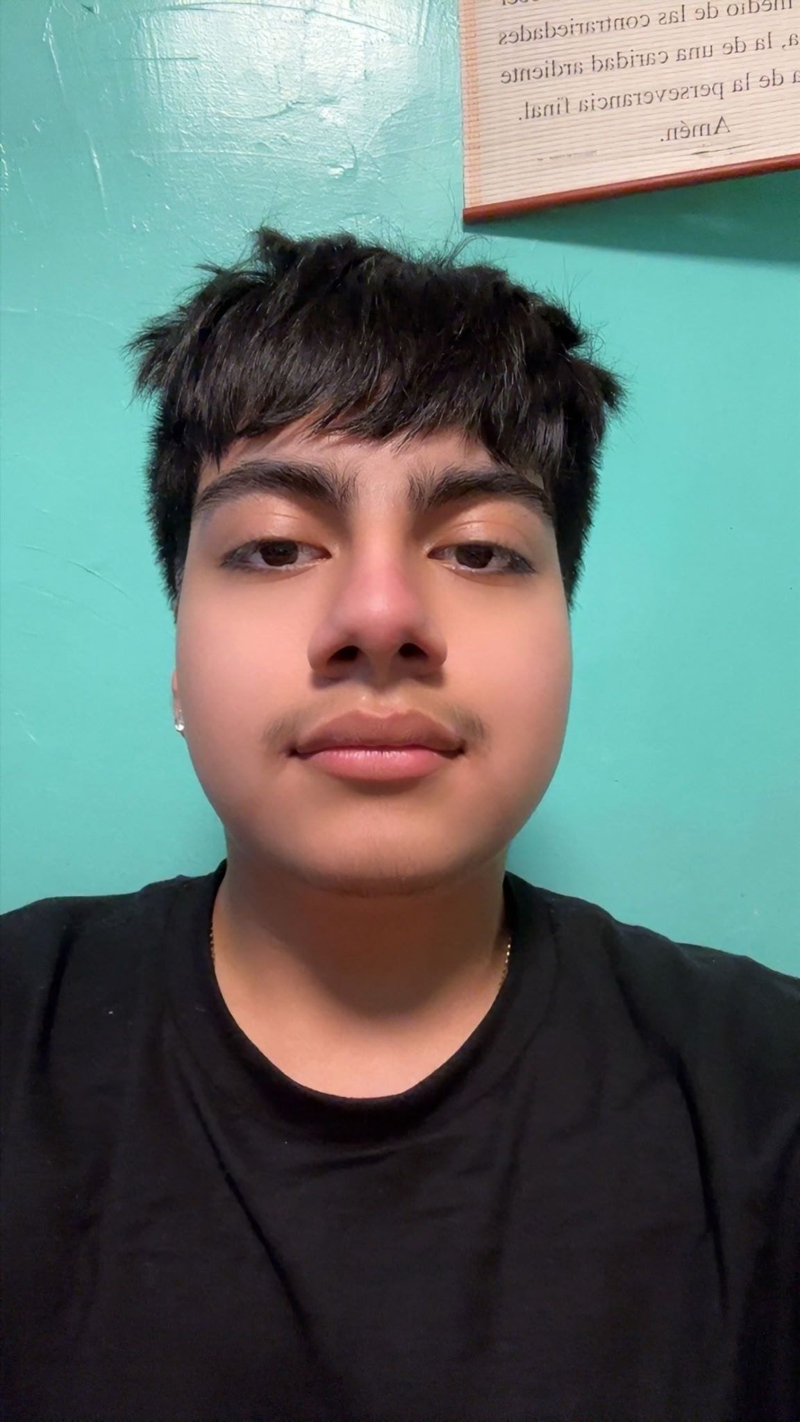 A person with dark hair and a neutral expression, wearing a black shirt against a teal wall with a framed paper.