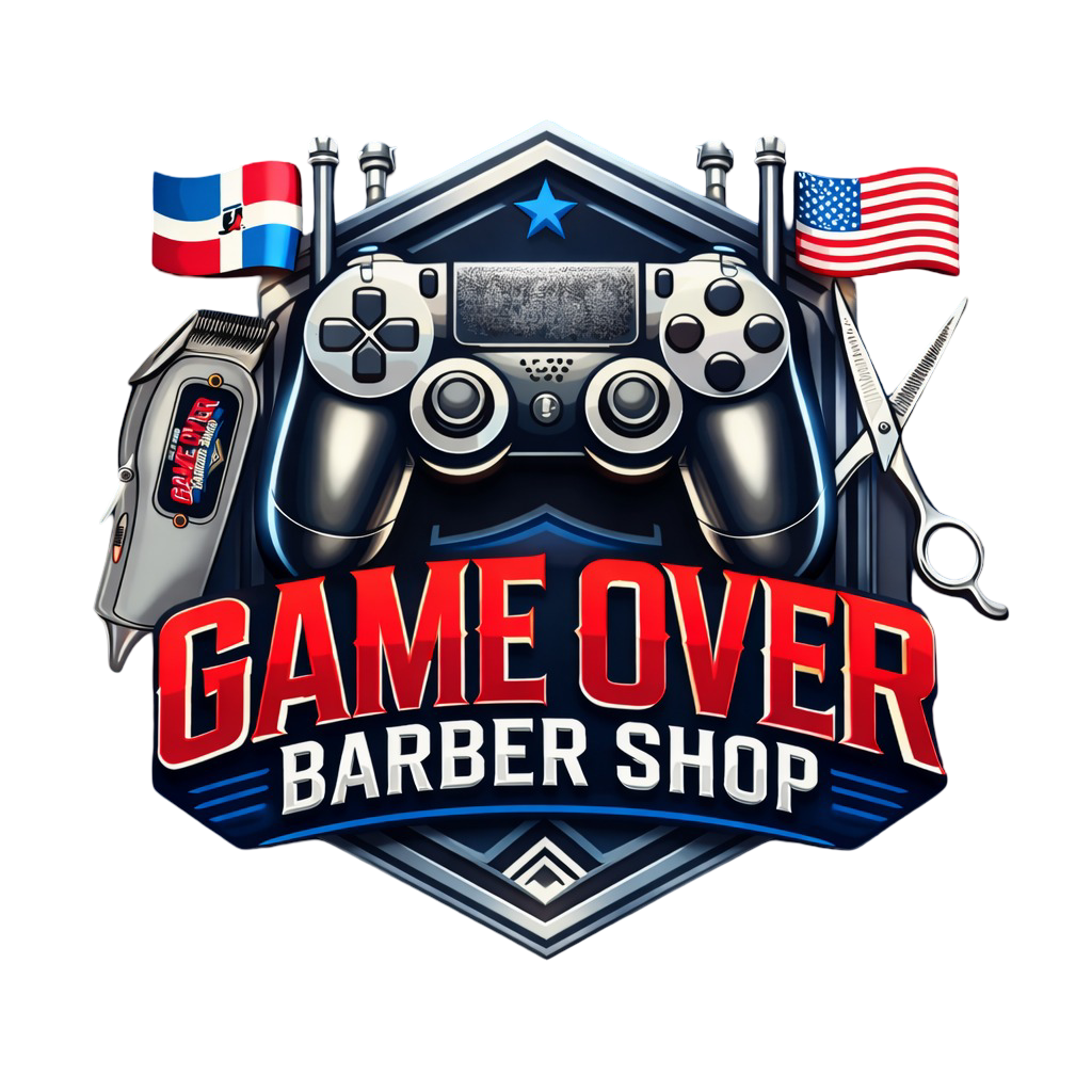 Logo for Game Over Barber Shop featuring a gaming controller, hair clippers, scissors, and Dominican and US flags.