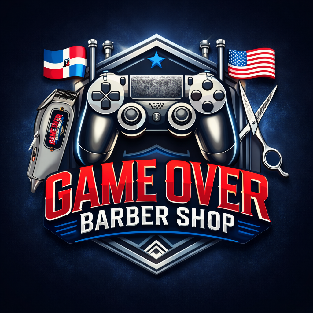 A logo for Game Over Barber Shop featuring a gaming controller, hair clippers, scissors, and Dominican and US flags.