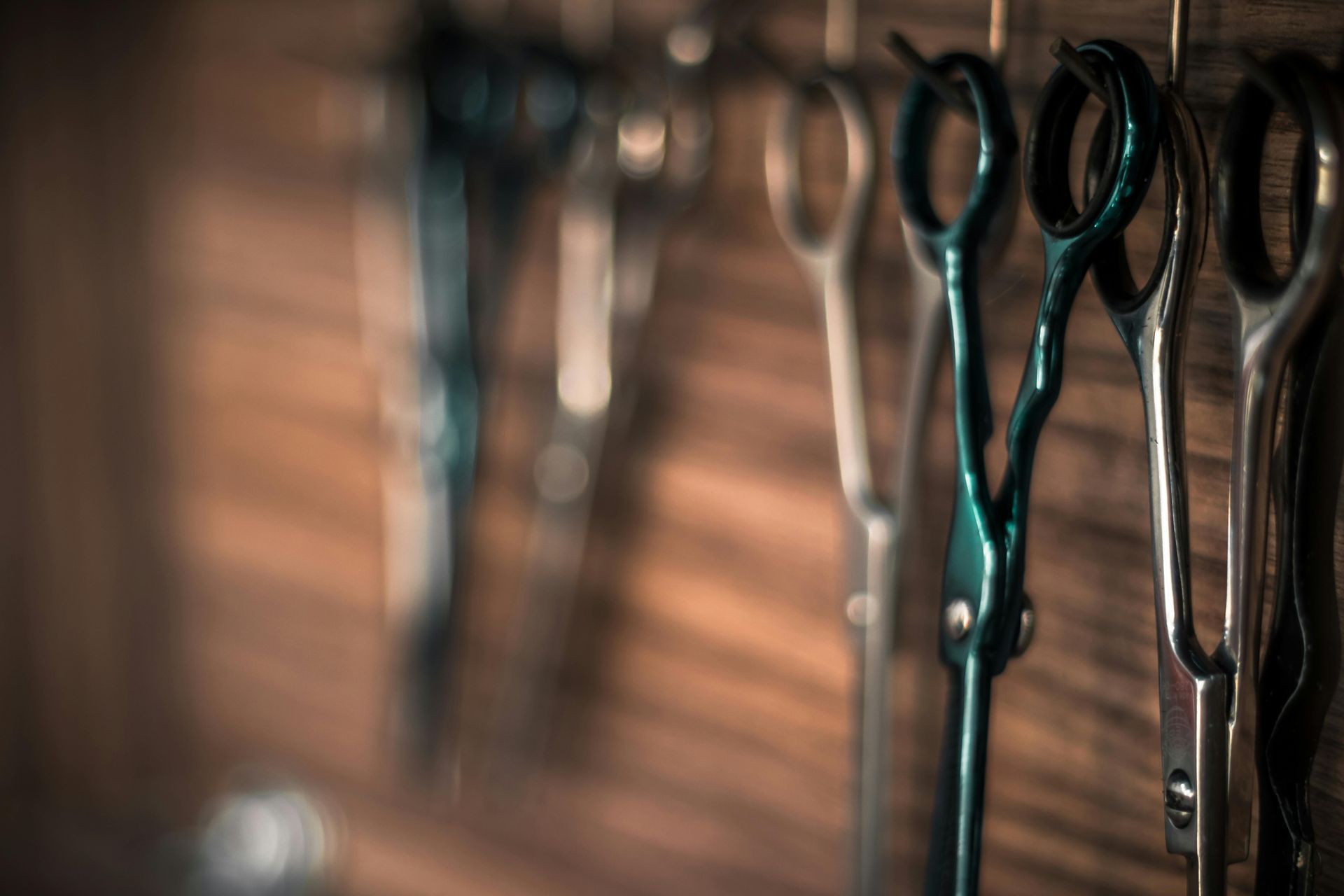 Several pairs of professional hairdressing shears hang on a wooden wall, with the closest pair in sharp focus.