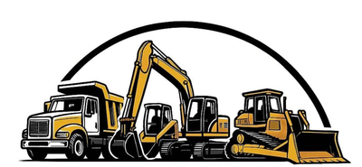 A group of construction vehicles are lined up in a row.