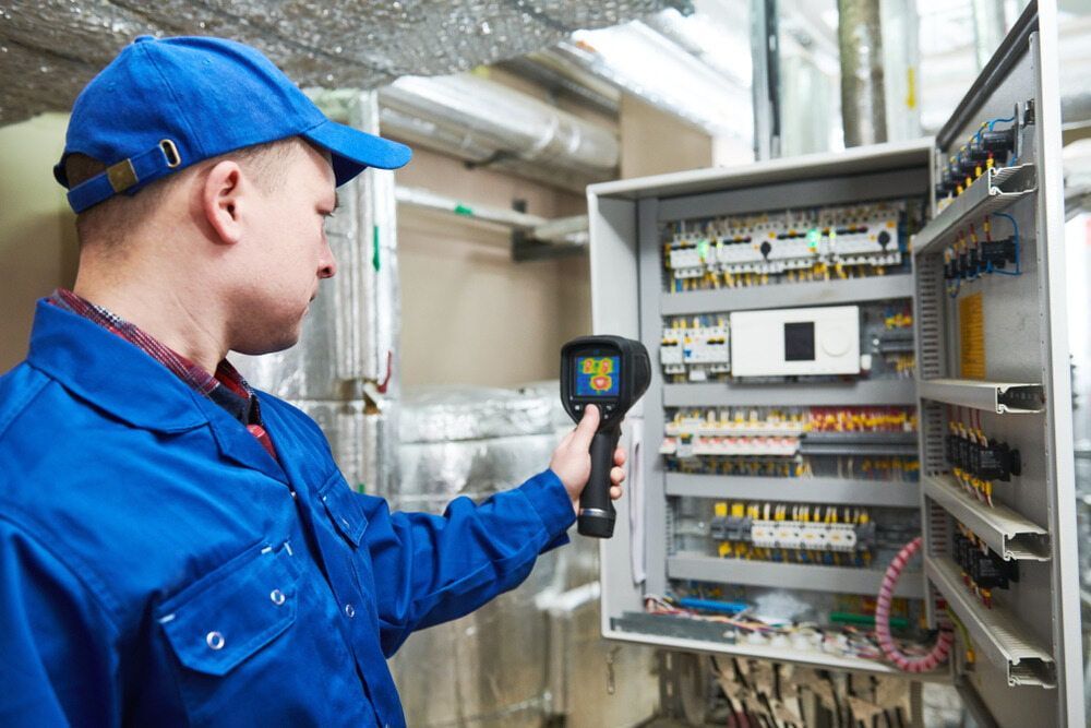 A Man In A Blue Uniform Is Using A Thermal Camera To Check A Electrical Box — Coolmech In Noosa, QLD