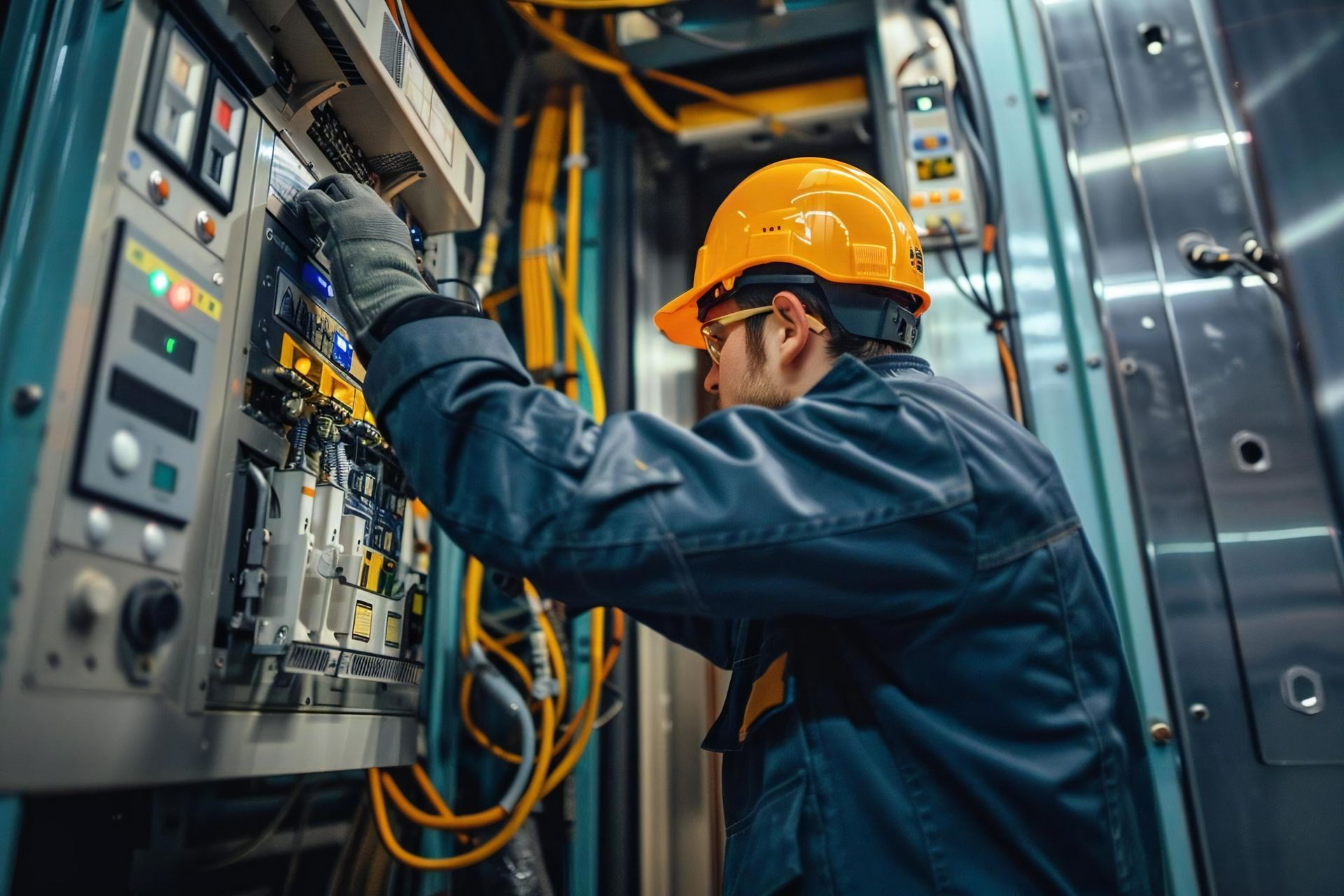 A man in a hard hat is working on an electrical panel.