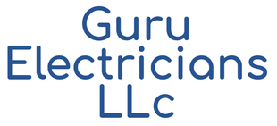 The logo for guru electricians llc is blue and white.