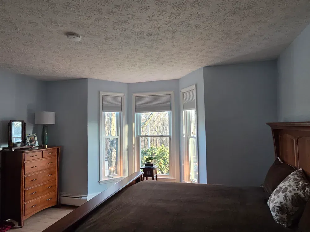 Bedroom with bay windows, gray walls, dark wood bed, and dresser near a bright outdoor view