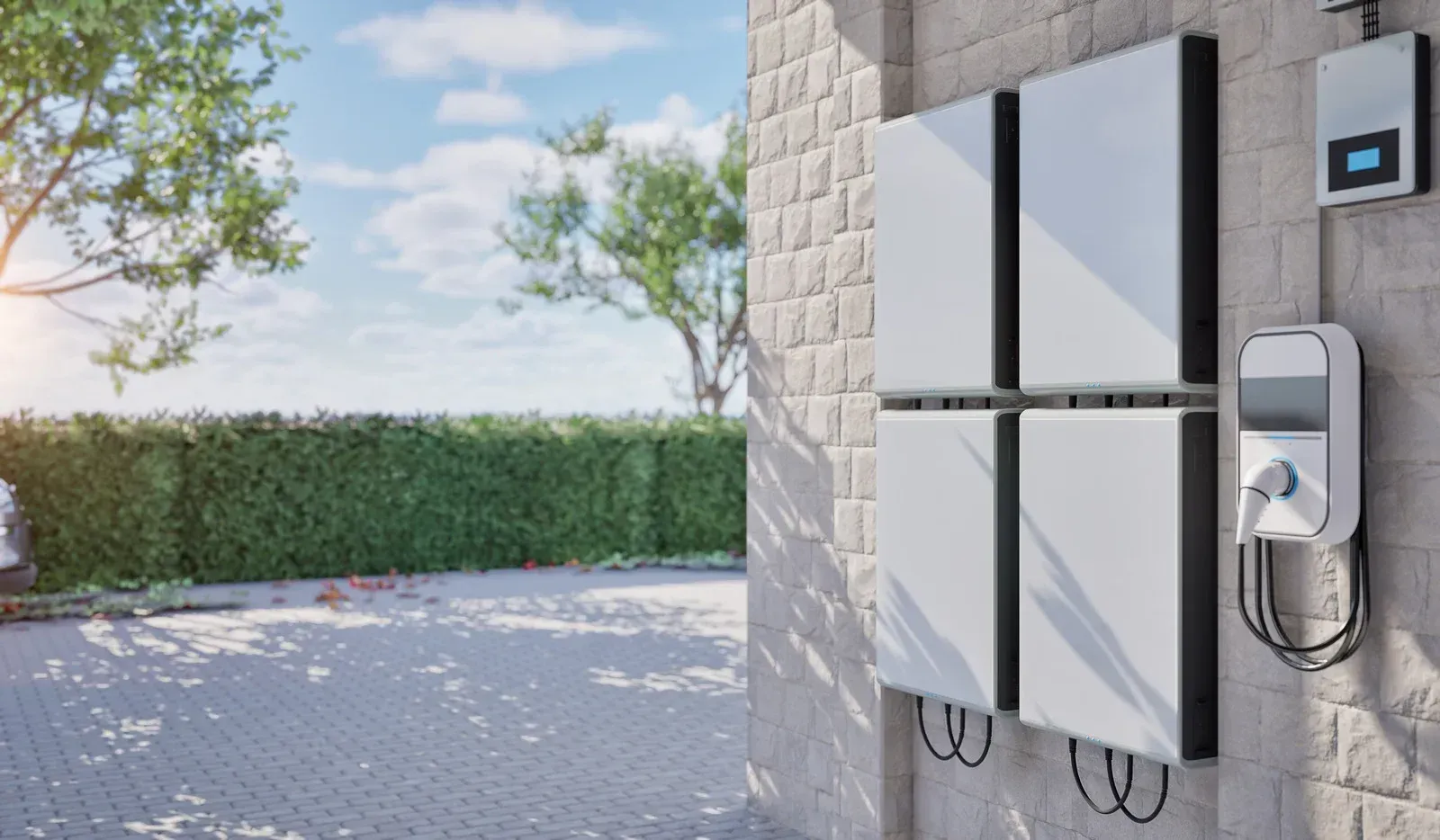 Solar panel system mounted on a wall, with an EV charger.