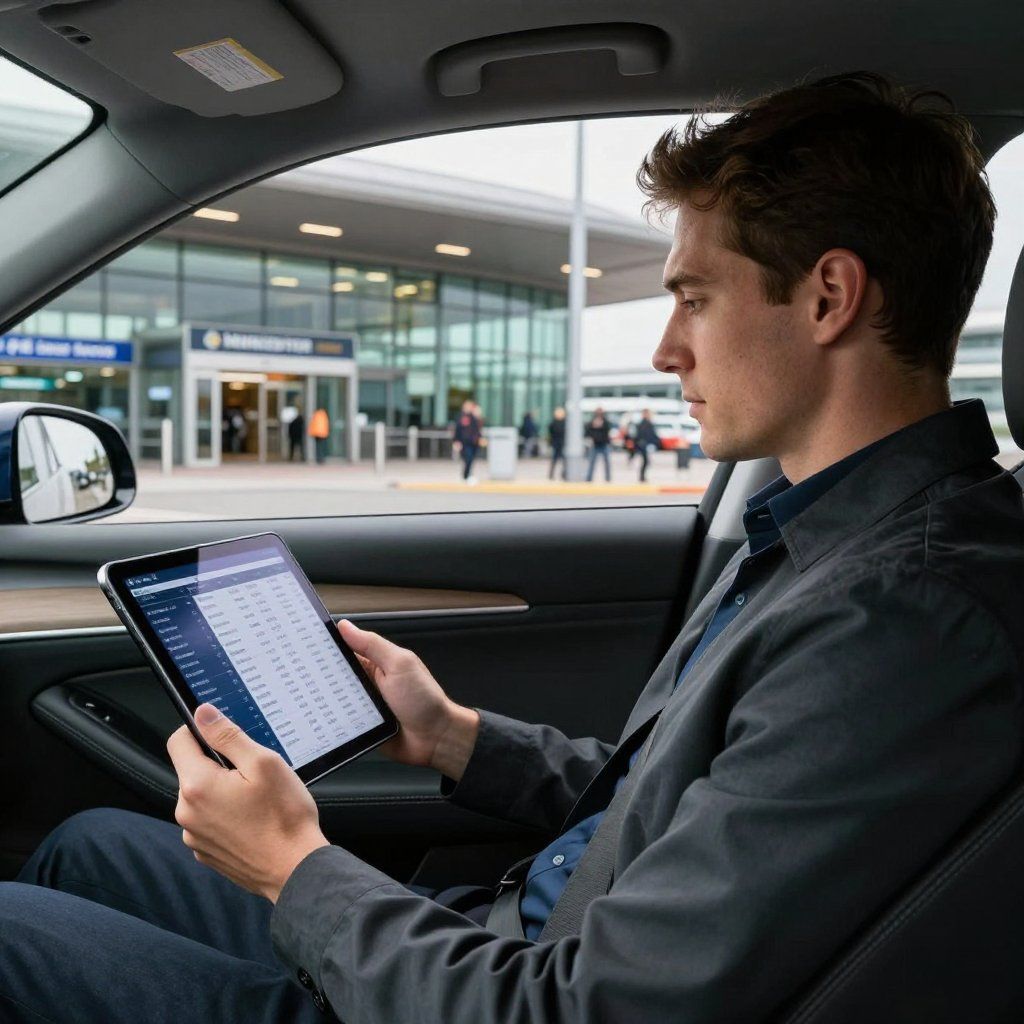 Man in car looking at tablet; airport in background.