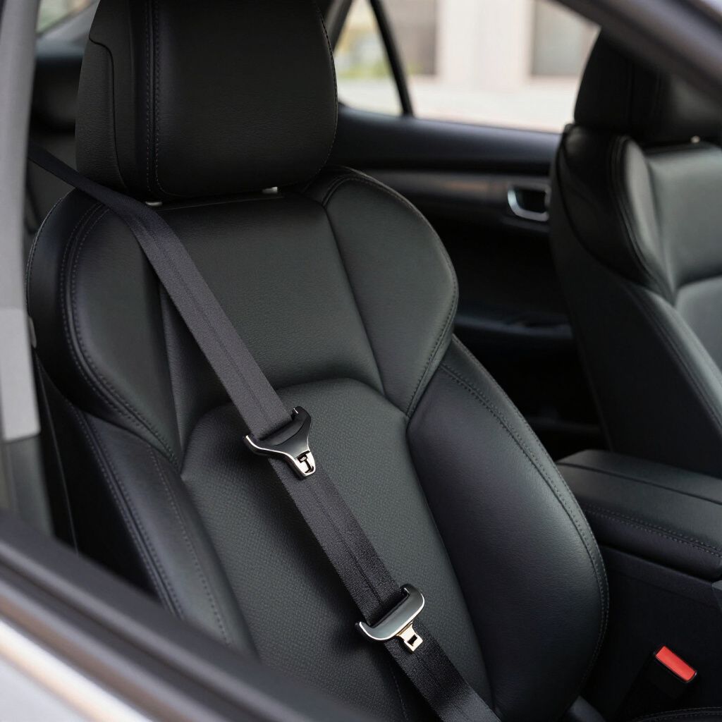 Black car seat with fastened seat belt.