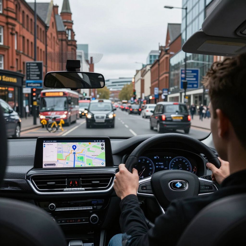 Person driving car on city street, looking at navigation screen. Other cars, buildings, bus visible.