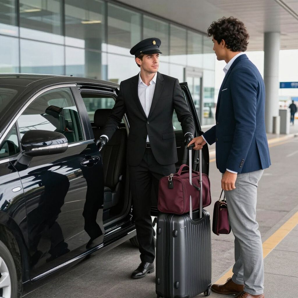 A chauffeur in black suit and cap assists a man with luggage near a black car at an airport.