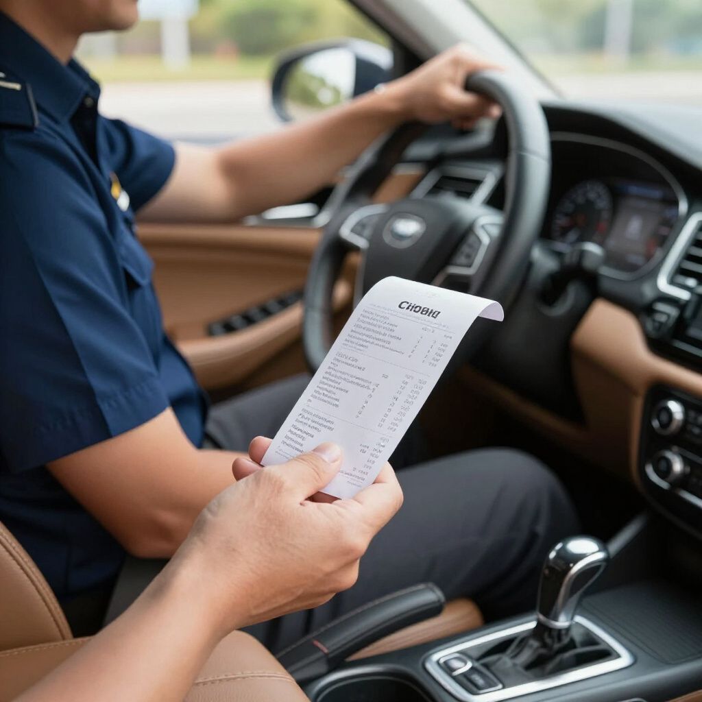 Person in a car holding receipt, driver in navy shirt holding the steering wheel.