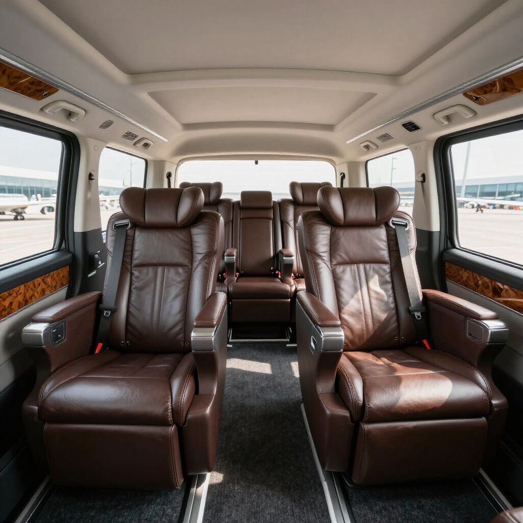 Interior view of a luxury van with brown leather seating, wood accents, and an airport backdrop.