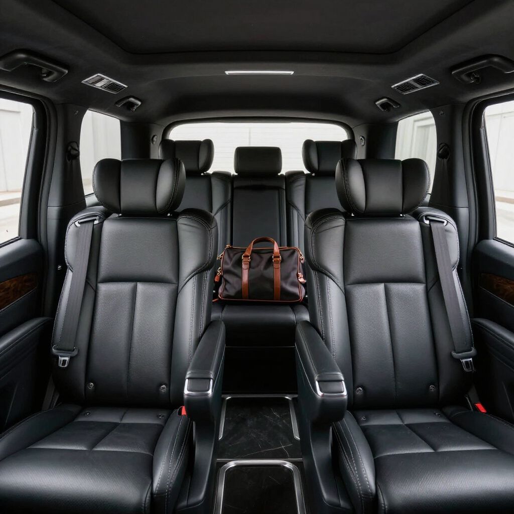 Inside of a black car, showing luxury seating. A brown bag sits in the middle.