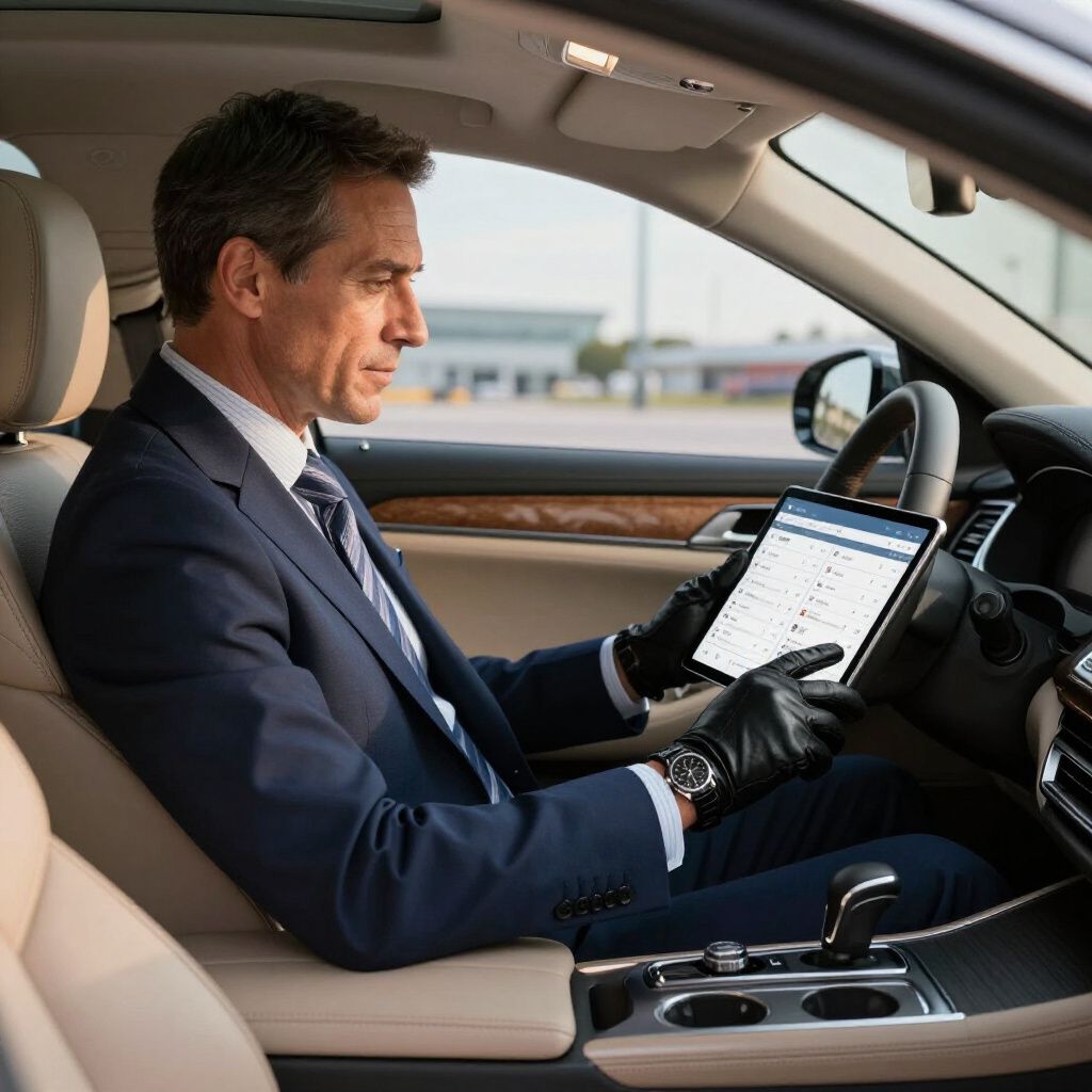 Man in suit using a tablet in a car, wearing black gloves.
