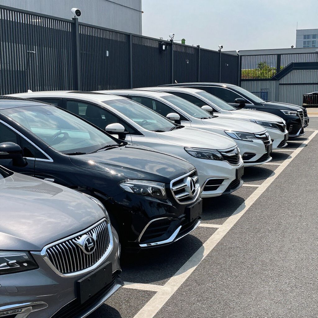 Cars parked in a row, ranging in colors from gray to black to white, in an outdoor setting.