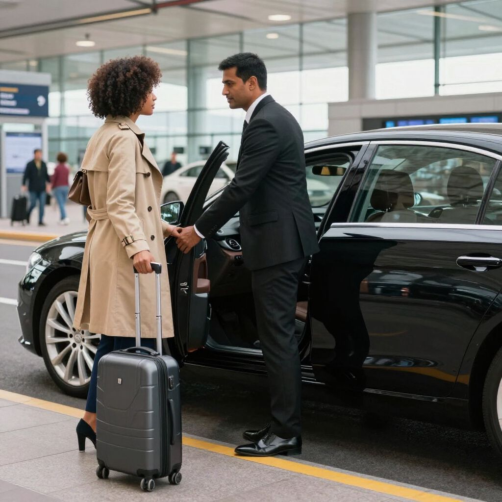 A person in a tan coat and jeans is getting out of a black car with help from a chauffeur at an airport.