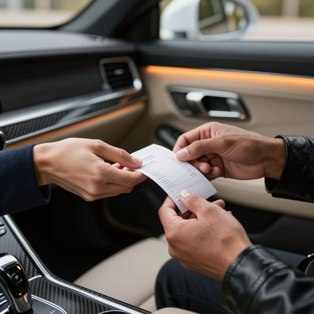 Hands exchanging a receipt inside a car. One person in a black jacket, the other in a navy blazer.