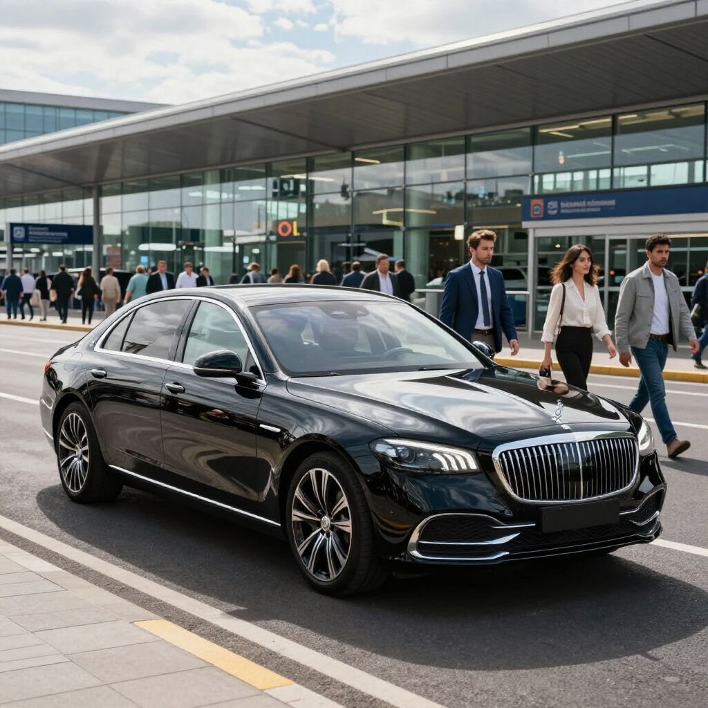 Black sedan car at an airport terminal, passengers walking nearby.
