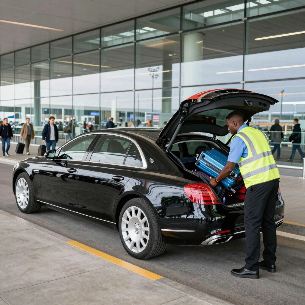 Man loading luggage into black car trunk at airport.
