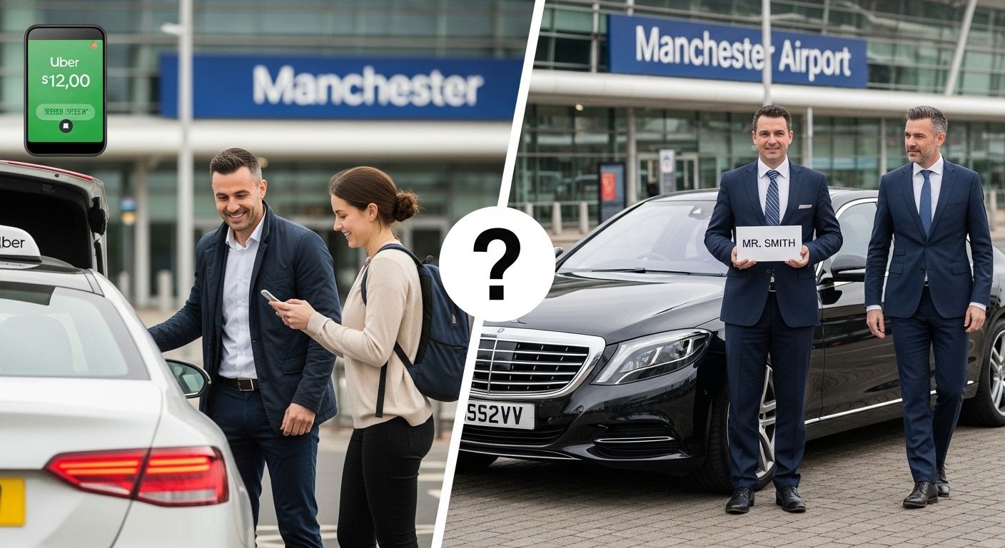 Comparison: a rideshare pickup vs. a chauffeur service at Manchester Airport.