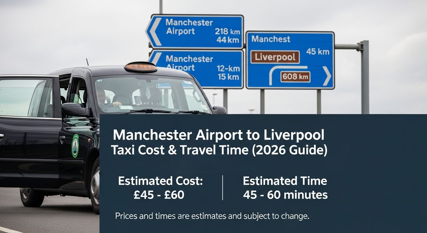 Black taxi cab near road signs for Manchester Airport and Liverpool; information on taxi cost and travel time.