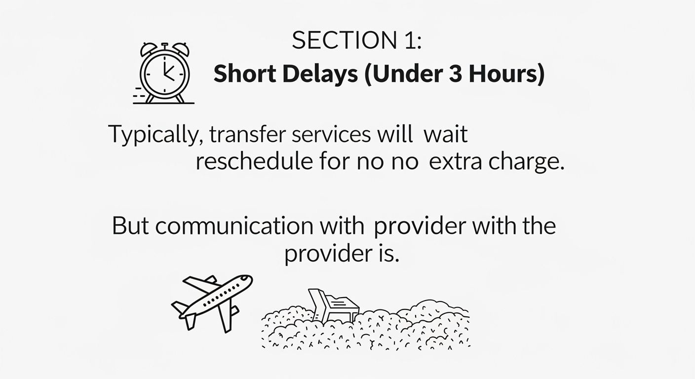 Section of text about short delays in transfer services. Includes clock and airplane icons.