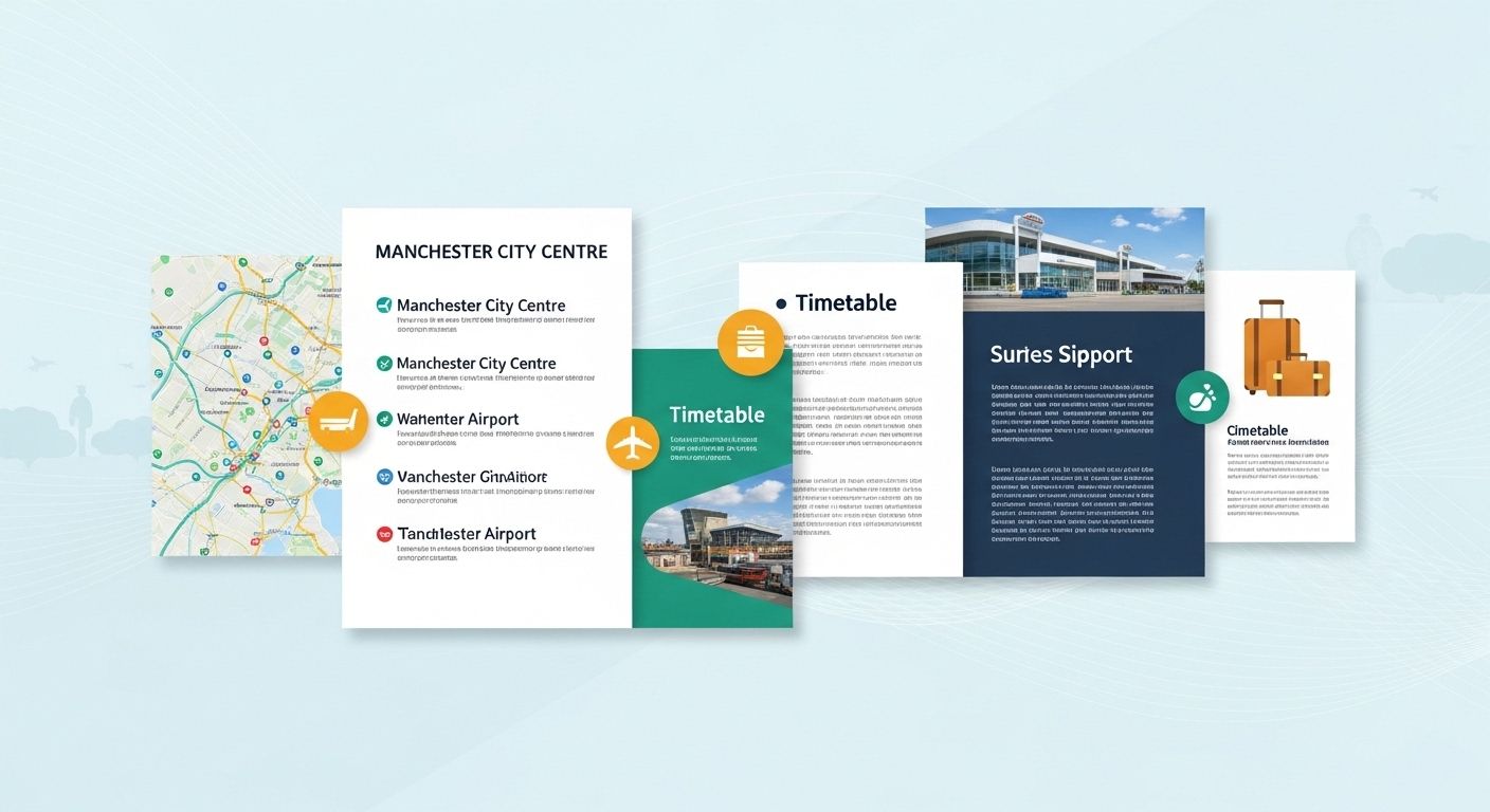 Cards with travel information: map, transportation details, brochure, airport photo, and luggage icon.