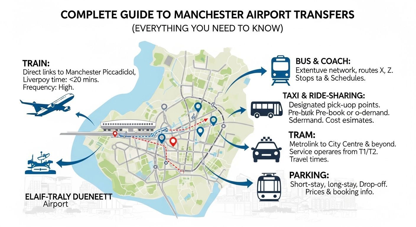 Guide to Manchester Airport transfers: map with options including train, bus, taxi, tram, and parking.