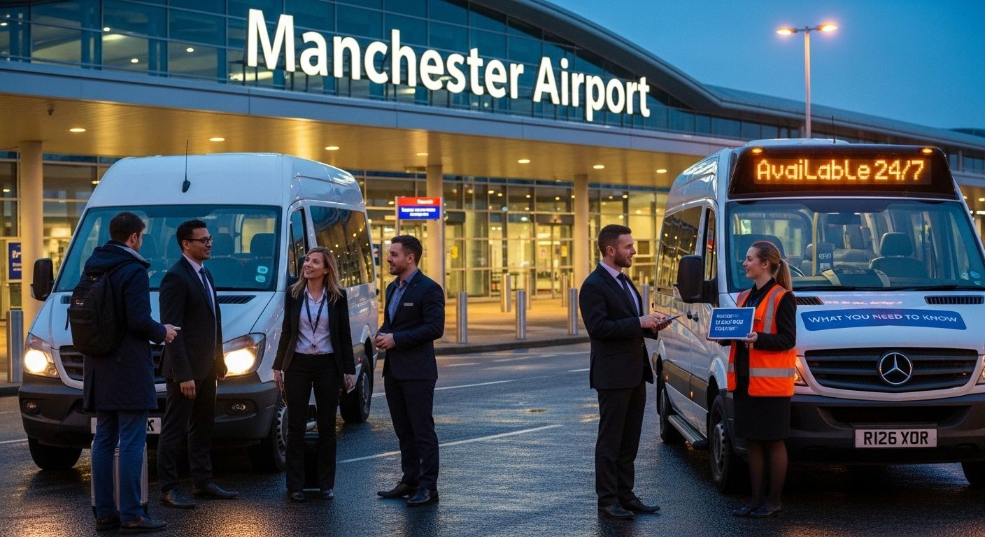 People standing near two white vans in front of Manchester Airport, one van has 