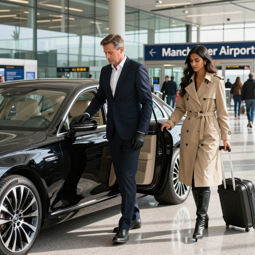 Man and woman exiting a black car at Manchester Airport. Woman carries luggage, man wears gloves.