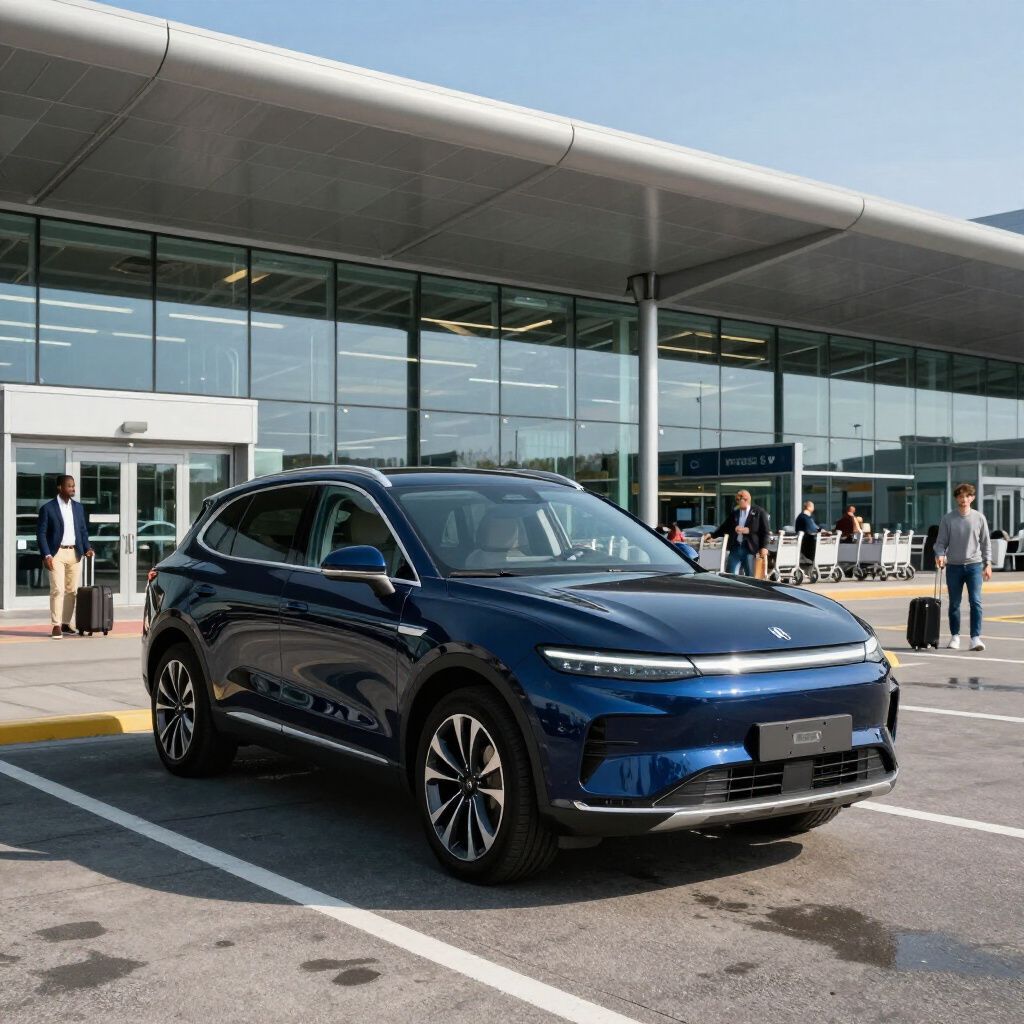 Blue SUV parked at an airport entrance. People with luggage are nearby.