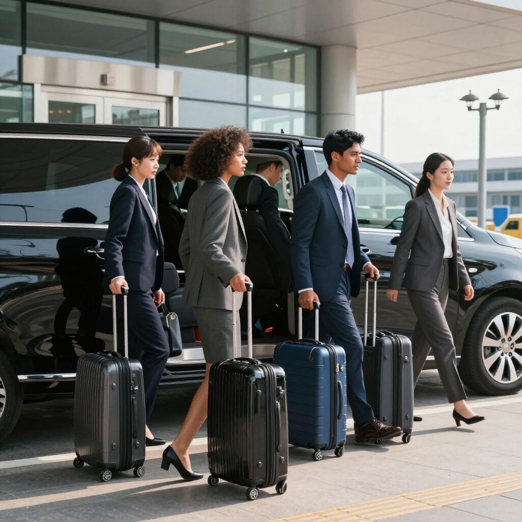 People with luggage exiting a black vehicle at an airport.