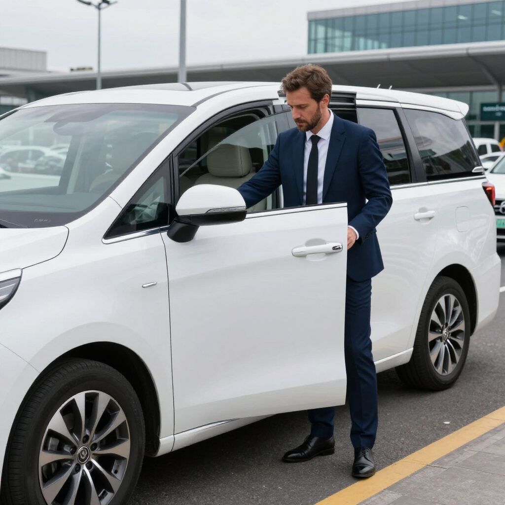 Man in suit exiting a white minivan at an airport.