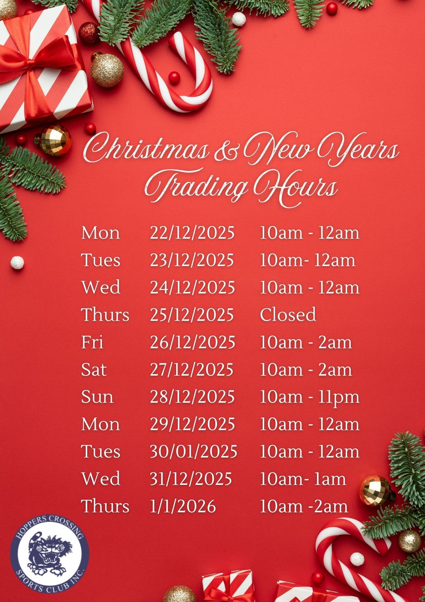 Opening Hours over Christmas-New Year 2025