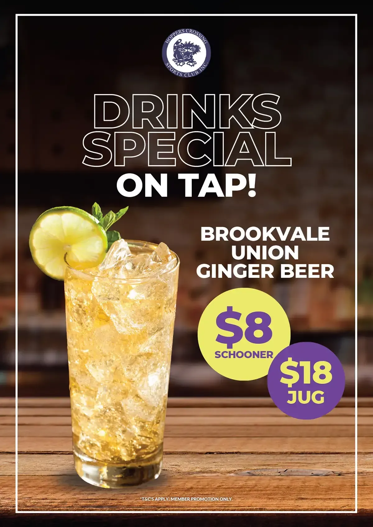 Brookvale Union Ginger Beer on tap!  Only $8 for a schooner and $18 for a jug.