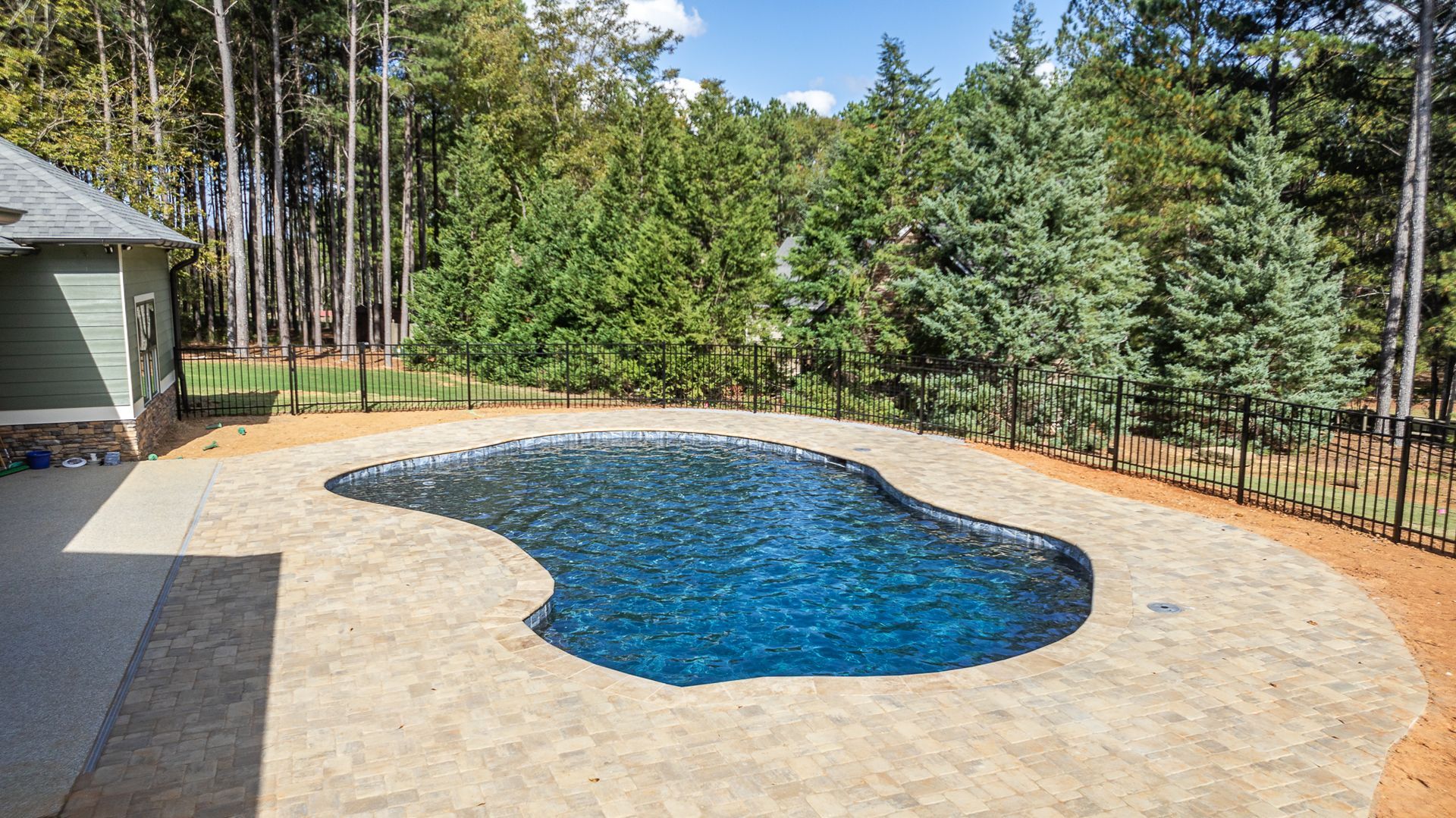 A large swimming pool is surrounded by trees in a backyard.