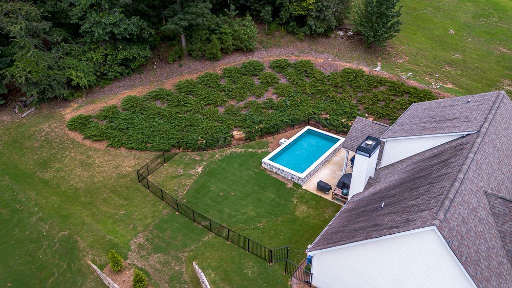 Aerial view of a house with a pool and a large green lawn, surrounded by trees.