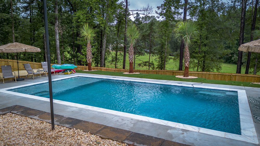 Swimming pool with palm trees in a yard with lounge chairs and umbrellas.