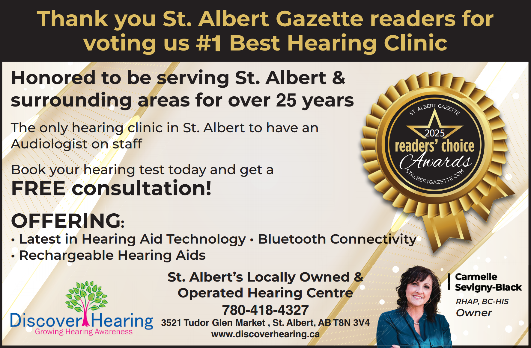 Award certificate for the Readers Choice Award 2025 for being voted #1 Best Hearing Clinic