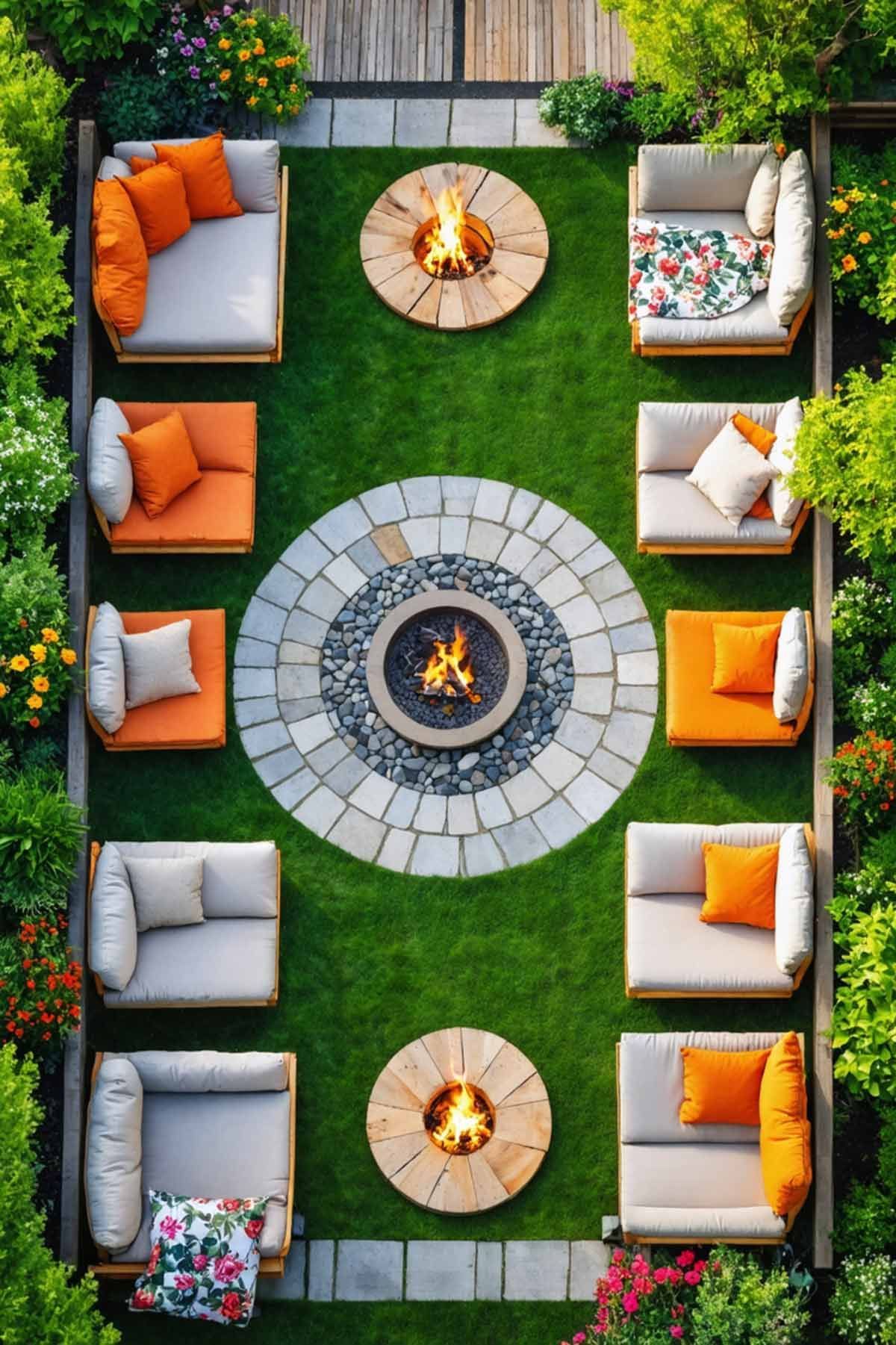 10_Inspiring_Patio_Designs_for_All_Seasons_0002 A cosy seating area on an open air patio with bright coloured cushions and a central fire pit.