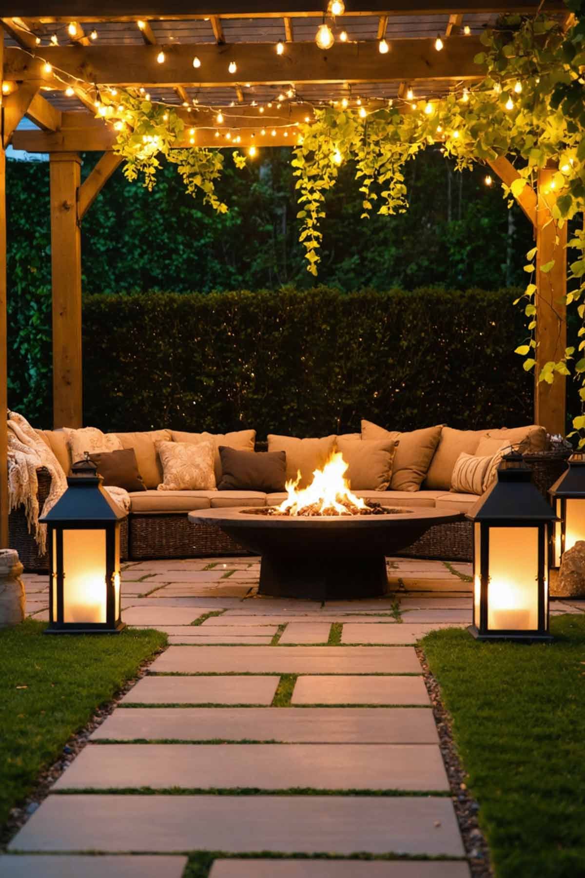 10_Inspiring_Patio_Designs_for_All_Seasons_0003 A cozy seating area with pretty string lights and soft lanterns.