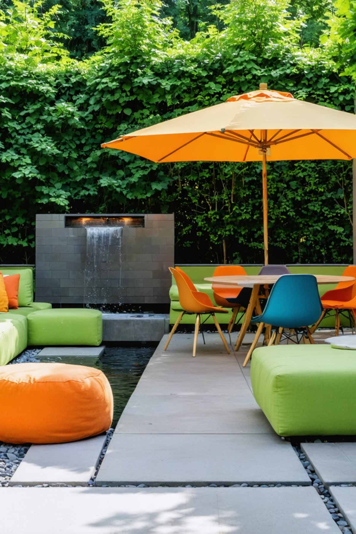 10_Inspiring_Patio_Designs_for_All_Seasons_0006 An open air seating area with a bright orange umbrella and a water feature.