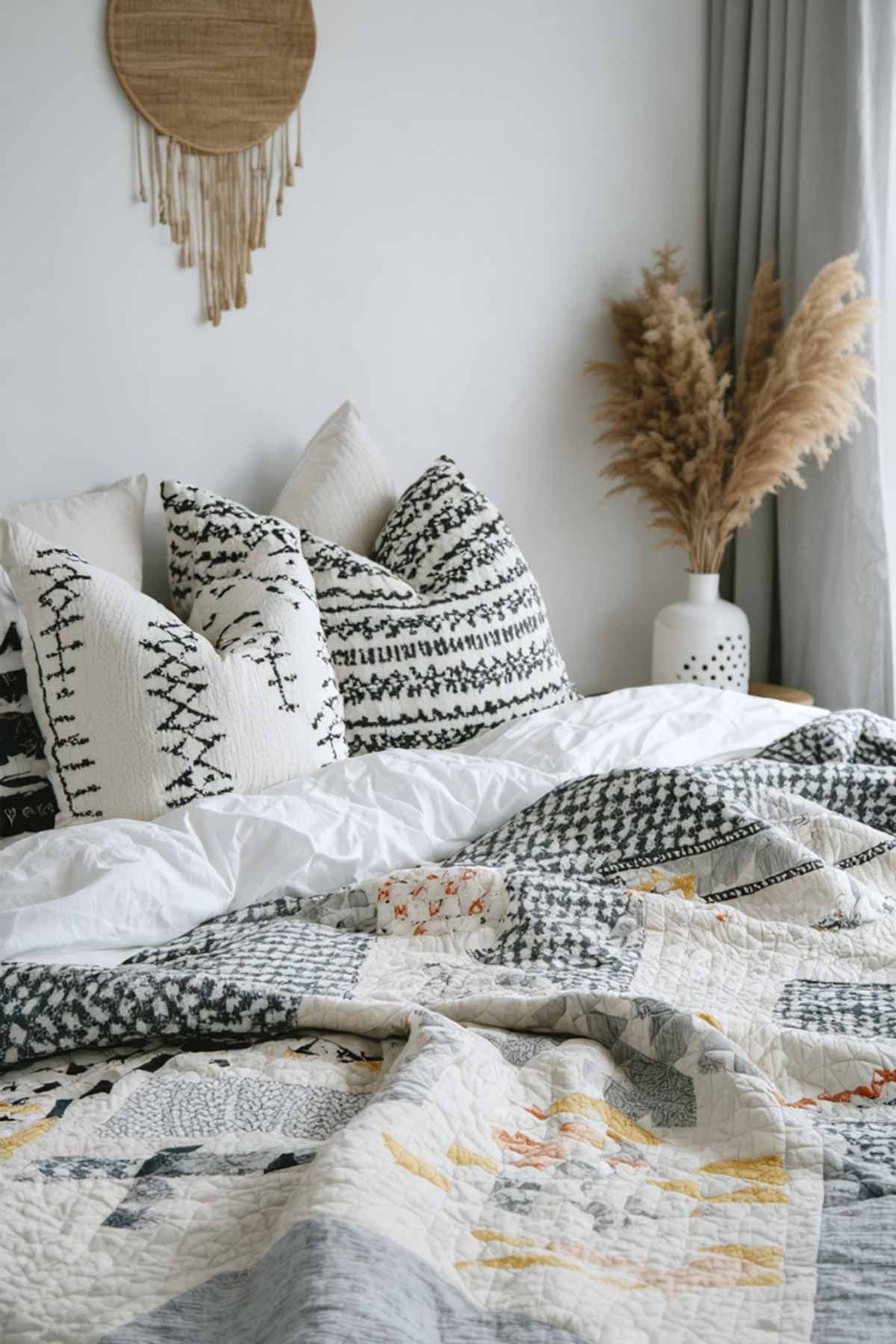 5_Budget_Friendly_Weekend_Projects_For_Bedroom_Makeovers_001 A cool crisp bedroom with bedding in grey and gold.
