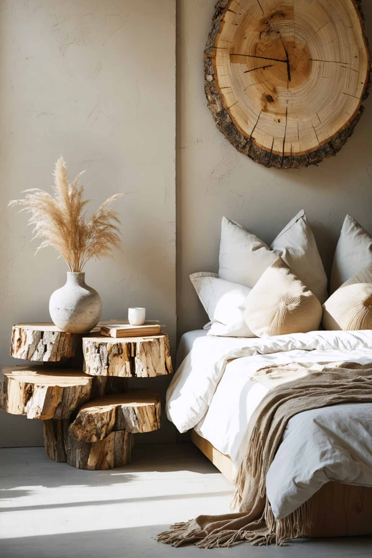 5_Budget_Friendly_Weekend_Projects_For_Bedroom_Makeovers_002 A rustic styled bedroom with side table made from timber cuttings