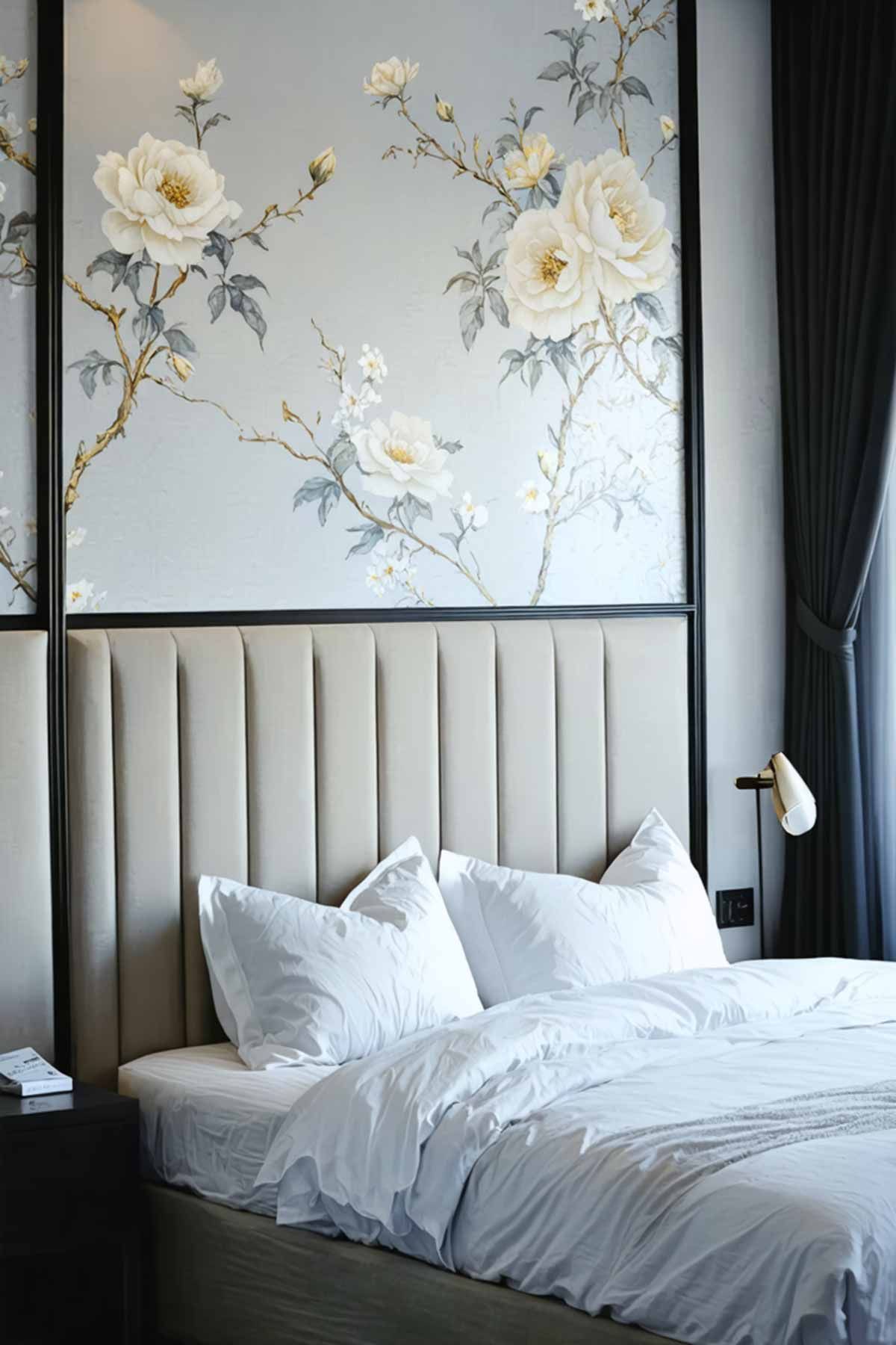 5_Budget_Friendly_Weekend_Projects_For_Bedroom_Makeovers_003 An open airy bedroom with a padded bed head and Japanese style peony wallpaper