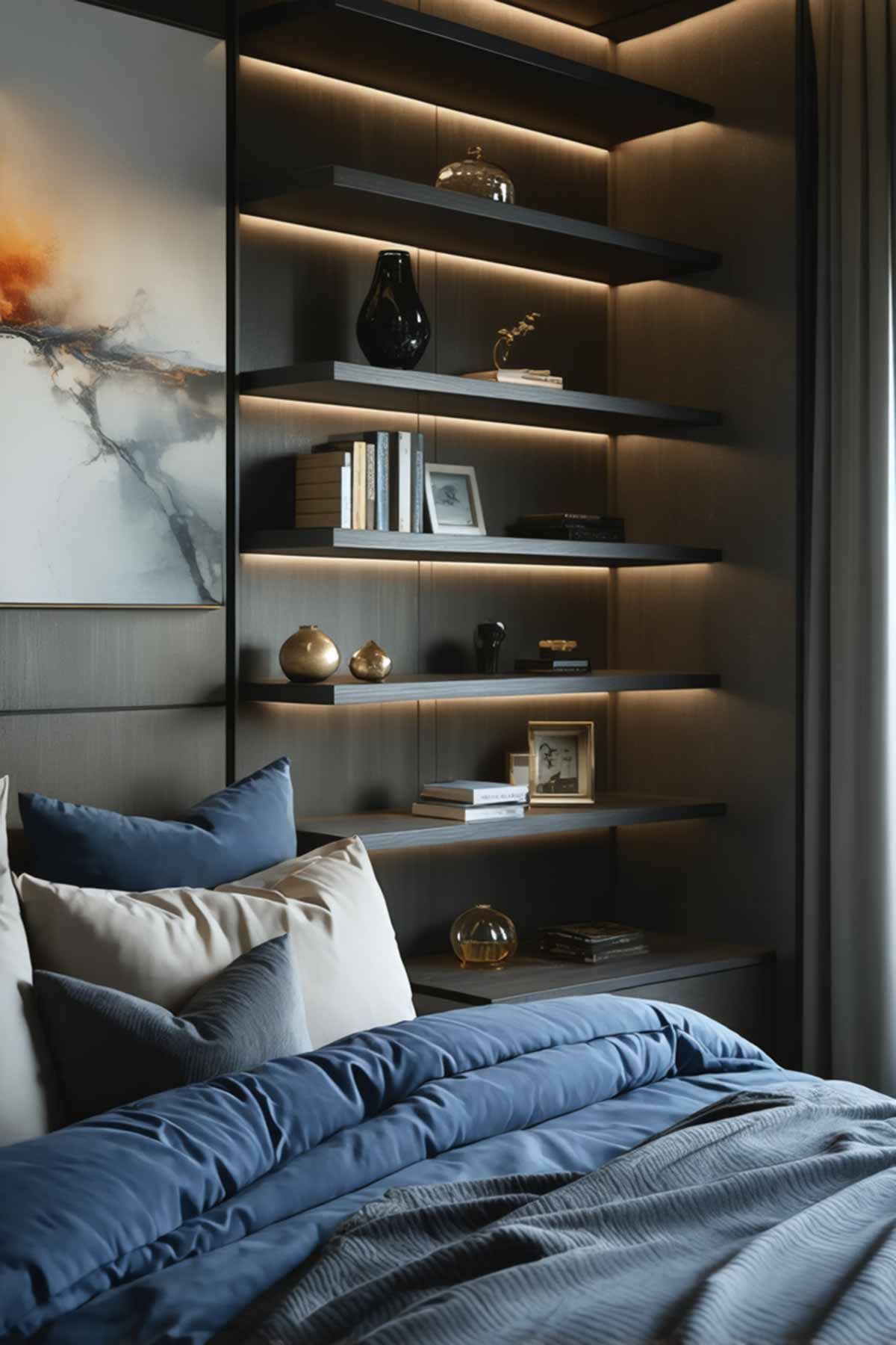 5_Budget_Friendly_Weekend_Projects_For_Bedroom_Makeovers_004 A masculine bedroom with open shelving with under shelf lighting.