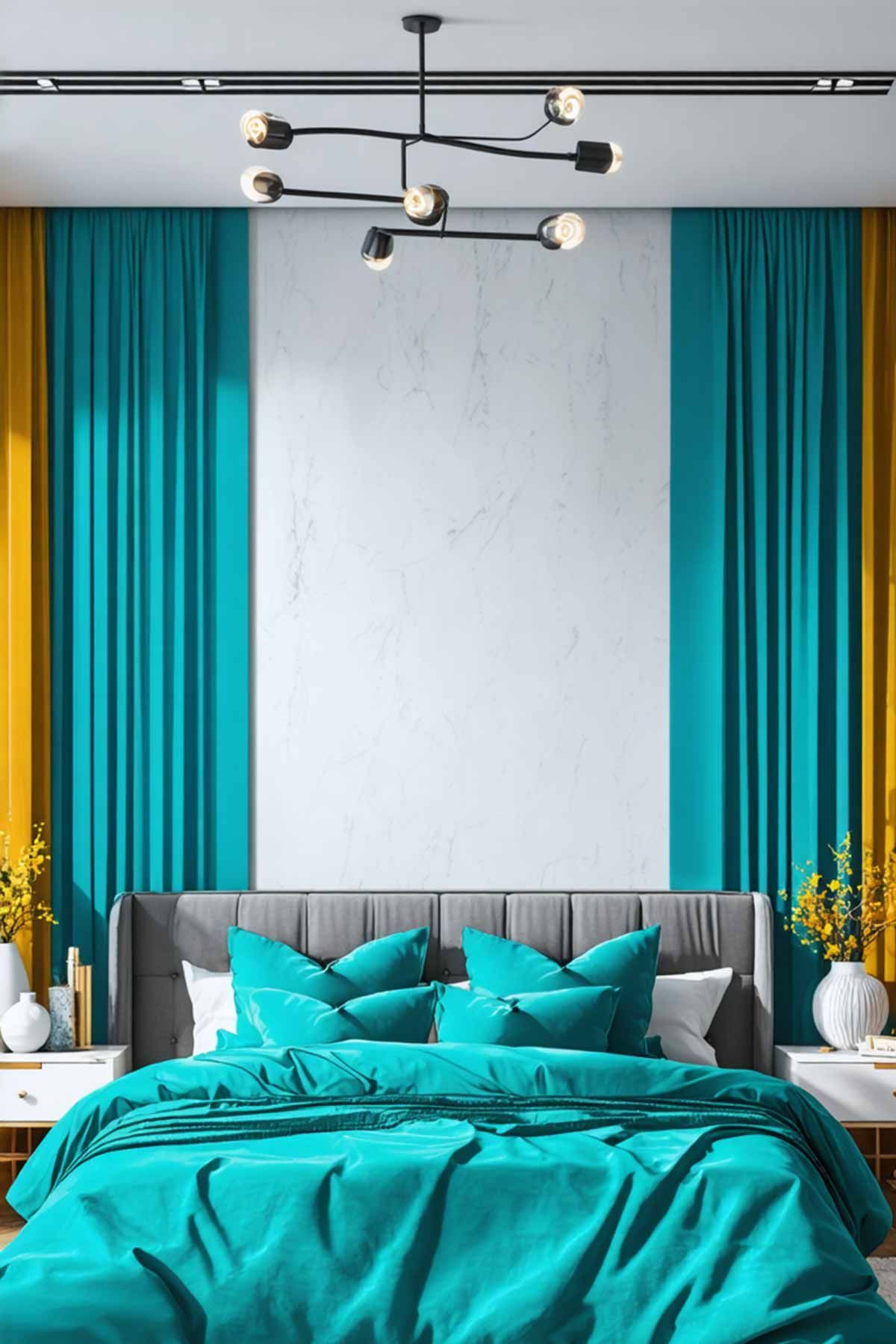 5_Budget_Friendly_Weekend_Projects_For_Bedroom_Makeovers_005 A modern bedroom with turquoise drapery and bedding with a modern lighting fixture