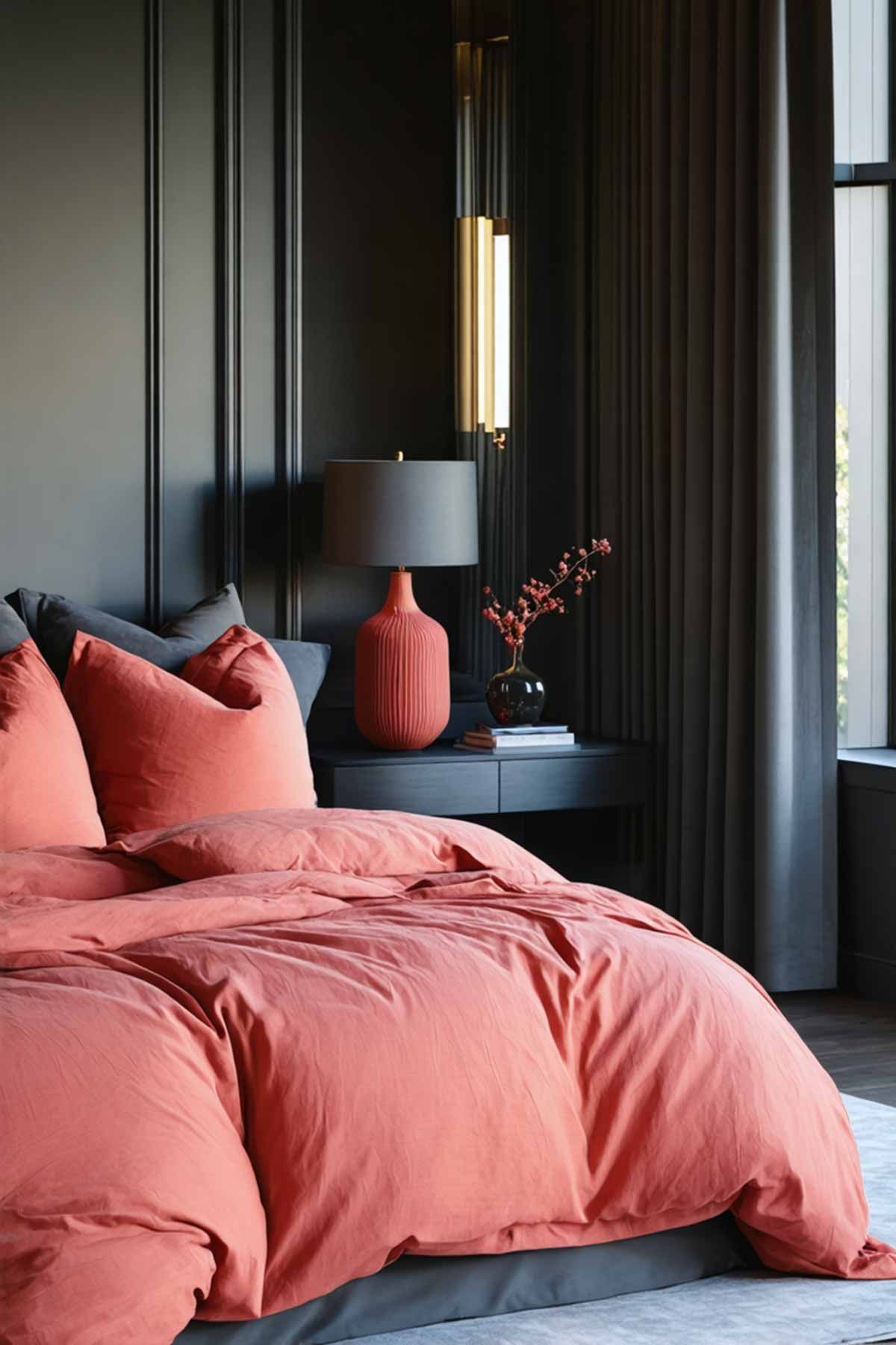 5_Budget_Friendly_Weekend_Projects_For_Bedroom_Makeovers_006 A dark moody bedroom with coral bedding and lamp base.